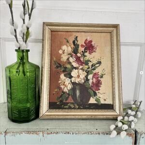 Vintage Flower Oil Painting Still Life Canvas Board Floral Crackle Craquelure